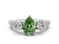 Fancy Green Pear Cut Diamond Three-Stone Ring Set in Platinum with Round Side Stones and Pavé Band