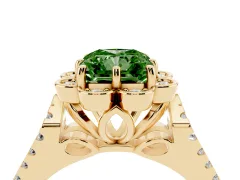 Fancy Green Radiant Cut Diamond Floral Halo Split Shank Engagement Ring Set in Yellow gold with Pavé Shank