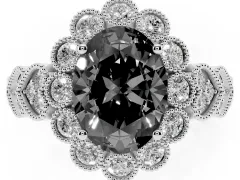 Fancy Black Oval Cut Diamond Solitaire Ring Set in Silver with Milgrain Pavé Heart Band