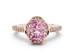 Fancy Pink Radiant Cut Diamond Halo Ring Set in Rose gold with Channel Set Band and Prong Setting