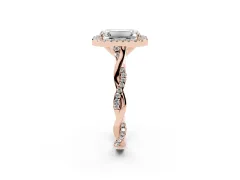 Emerald Cut Diamond Halo Twist Band Solitaire Ring Set in Rose gold with Prong Setting