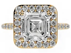 Asscher Cut Diamond Halo Engagement Ring Set in Yellow gold with Round Pavé Shoulders and Heart Gallery