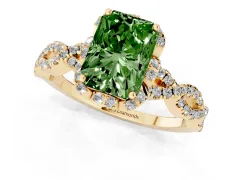 Fancy Green Radiant Cut Diamond Halo Twist Band Solitaire Ring Set in Yellow gold with Prong-Set Center Stone