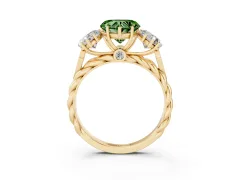 Fancy Green Heart Cut Diamond Three-Stone Ring Set in Yellow gold with Braided Band