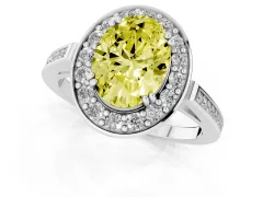 Fancy Yellow Oval Cut Diamond Halo Ring Set in White gold with Accent-Lined Split Shank and Prong Setting