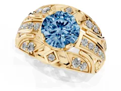 Fancy Blue Round Cut Diamond Art Deco Ring Set in Yellow gold with Pavé Split Shank