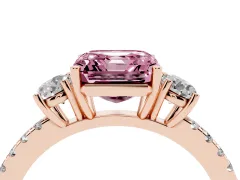 Fancy Pink Asscher Cut Diamond Three-Stone Ring Set in Rose gold with Pavé Band and Graduated Sides