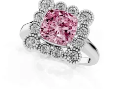Fancy Pink Cushion Cut Diamond Cluster Halo Ring Set in Silver with Milgrain Bezel Accents and Plain Band