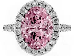 Fancy Pink Oval Cut Diamond Pavé Halo Engagement Ring Set in White gold with Pavé Band and Prong Setting
