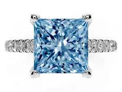 Fancy Blue Princess Cut Diamond Solitaire Ring Set in White gold with Brilliant Pavé Band and Prong Setting