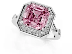 Fancy Pink Asscher Cut Diamond Halo Engagement Ring Set in Silver with Twisted Band and Prong Setting