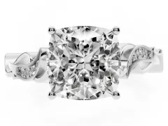 Cushion Cut Diamond Vine Band Solitaire Ring Set in Silver with Milgrain Prong Setting