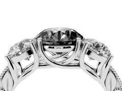 Fancy Black Round Cut Diamond Three-Stone Engagement Ring Set in Silver with Milgrain Pavé Band
