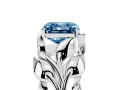 Fancy Blue Asscher Cut Diamond Leaf-Inspired Engagement Ring Set in White gold with Round Accents