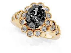 Fancy Black Oval Cut Diamond Solitaire Ring Set in Yellow gold with Milgrain Pavé Heart Band