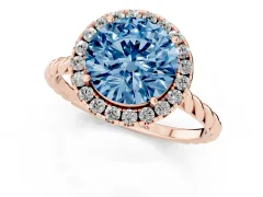 Fancy Blue Round Cut Diamond Halo Ring Set in Rose gold with Plain Twisted Band