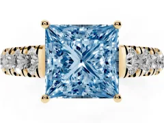 Fancy Blue Princess Cut Diamond Solitaire Ring Set in Yellow gold with Cut-Down Micro Pavé Band and Prong Setting