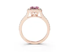 Fancy Pink Asscher Cut Diamond Halo Engagement Ring Set in Rose gold with Round Pavé Shoulders and Heart Gallery