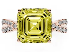 Fancy Yellow Asscher Cut Diamond Twist Pavé Solitaire Engagement Ring Set in Rose gold with Prong Setting