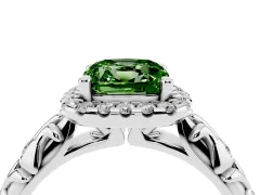 Fancy Green Cushion Cut Diamond Halo Ring Set in White gold with Filigree Leaf Band and Prong Setting