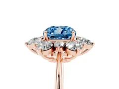 Fancy Blue Cushion Cut Diamond Cluster Halo Ring Set in Rose gold with Solitaire Band and Prong Setting