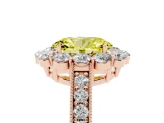 Fancy Yellow Oval Cut Diamond Halo Pavé Engagement Ring Set in Rose gold with Milgrain Detailing