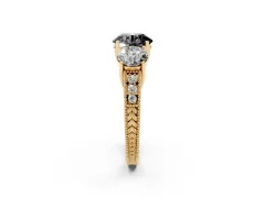 Fancy Black Round Cut Diamond Three-Stone Engagement Ring Set in Yellow gold with Milgrain Pavé Band