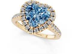 Fancy Blue Heart Cut Diamond Pavé Halo Engagement Ring Set in Yellow gold with Pavé Band and Prong Setting