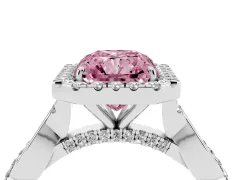 Fancy Pink Radiant Cut Diamond Halo Twist Band Solitaire Ring Set in White gold with Prong Setting