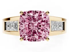 Fancy Pink Cushion Cut Diamond Solitaire Ring Set in Yellow gold with Channel-Set Accent Stones and Prong Setting