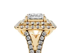 Asscher Cut Diamond Double Halo Ring Set in Yellow gold with Pavé Split Shank and Prong Setting