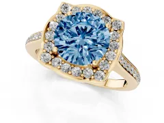 Fancy Blue Round Cut Diamond Halo Ring Set in Yellow gold with Pavé-Lined Shoulders and Prong Setting