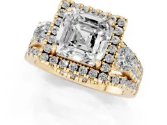 Asscher Cut Diamond Halo Split Shank Ring Set in Yellow gold with Round Accent Stones and Prong Setting
