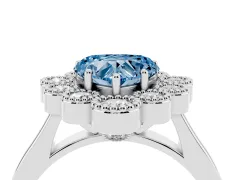 Fancy Blue Heart Cut Diamond Cluster Halo Ring Set in White gold with Milgrain Bezel Accents and Plain Band