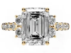 Emerald Cut Diamond Three-Stone Pavé Ring Set in Yellow gold with Prong Setting