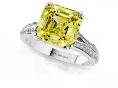 Fancy Yellow Asscher Cut Diamond Split Shank Pavé Engagement Ring Set in White gold with Prong-Set Center Stone