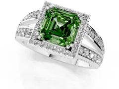 Fancy Green Asscher Cut Diamond Halo Ring Set in White gold with Double Pavé Split Shank