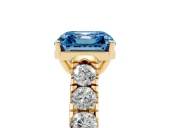 Fancy Blue Asscher Cut Diamond Solitaire Ring Set in Yellow gold with Cut-Down Micro Pavé Band and Prong Setting