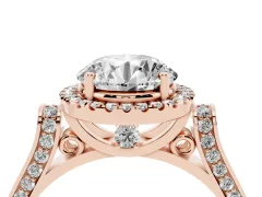 Round Cut Diamond Halo Ring Set in Rose gold with Pavé-Lined Split Shank Band