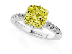 Fancy Yellow Cushion Cut Diamond Solitaire Engagement Ring Set in Silver with Pavé Band and Prong Setting