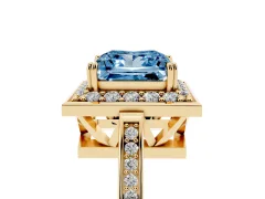 Fancy Blue Princess Cut Diamond Halo Ring Set in Yellow gold with Accent-Lined Split Shank and Prong Setting