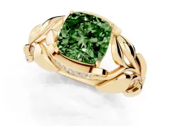Fancy Green Cushion Cut Diamond Leaf-Inspired Engagement Ring Set in Yellow gold with Round Accents