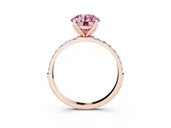 Fancy Pink Round Cut Diamond Solitaire Engagement Ring Set in Rose gold with Round Pavé Band and Prong Setting