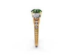 Fancy Green Round Cut Diamond Three-Stone Engagement Ring Set in Yellow gold with Milgrain Pavé Band