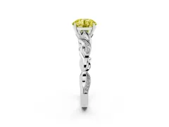 Fancy Yellow Round Cut Diamond Vine Band Solitaire Ring Set in White gold with Milgrain Prong Setting