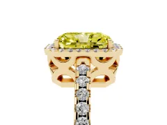 Fancy Yellow Radiant Cut Diamond Halo Ring Set in Yellow gold with Pavé Shoulders and Halo-Framed Center