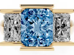 Fancy Blue Radiant Cut Diamond Three-Stone Channel Set Ring Set in Yellow gold with Smooth Polished Band
