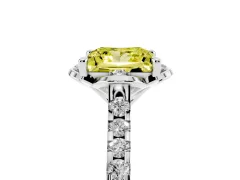 Fancy Yellow Princess Cut Diamond Solitaire Ring Set in Platinum with Pavé Band and Floral Prong Setting