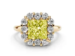 Fancy Yellow Princess Cut Diamond Halo Cluster Engagement Ring Set in Yellow gold with Polished Band and Prong Setting