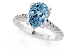Fancy Blue Pear Cut Diamond Solitaire Ring Set in Platinum with Brilliant Pavé Band and Prong Setting